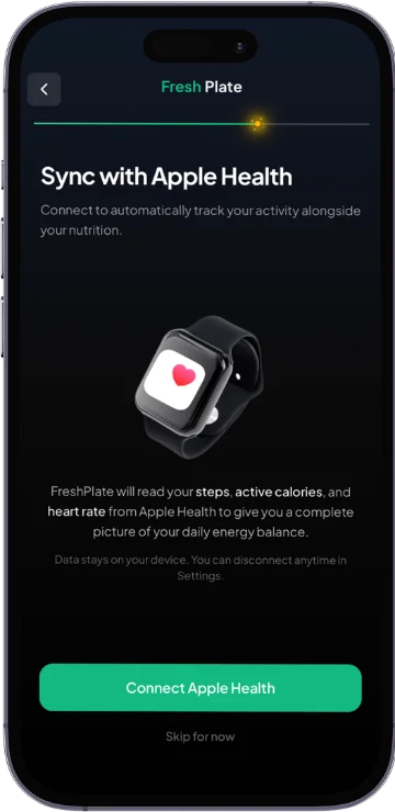 Apple Health integration screen showing synced steps, active energy, and workouts